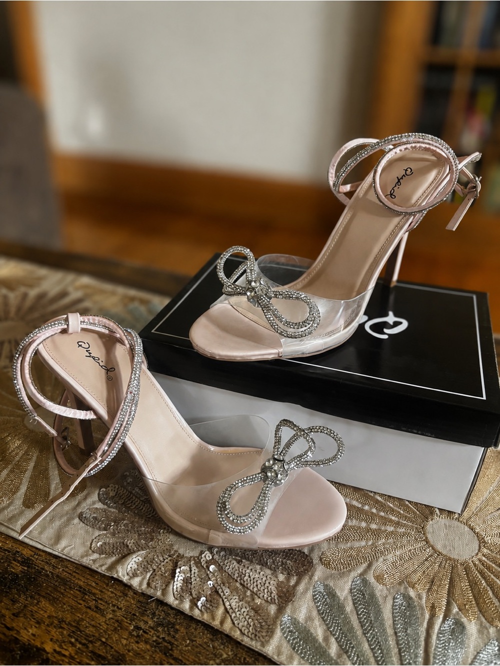 Qupid Blush Pink Rhinestone Bow Stiletto Sandals